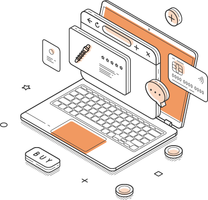 A computer with a keyboard and a credit card
